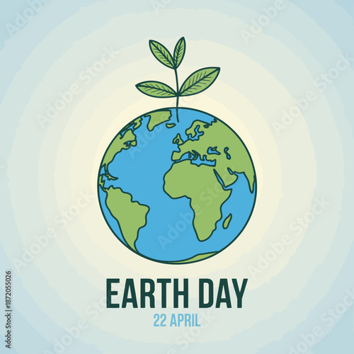 This graphic is a vibrant representation of Earth Day featuring a globe with a budding plant, emphasizing the importance of environmental conservation and sustainable practices.