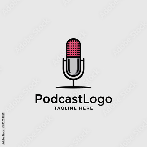 This modern design showcases a stylish podcast logo featuring a retro microphone, ideal for branding and promoting audio content in a creative and engaging manner.