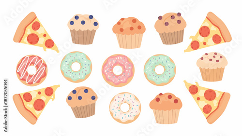 Assorted Cartoon Pastries and Pizza Slices.
