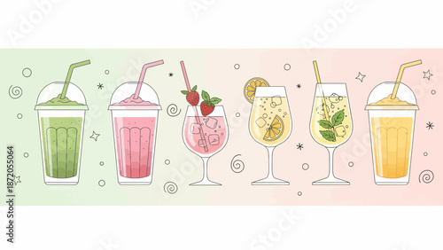 Assorted Colorful Cocktails with Garnishes and Straws.