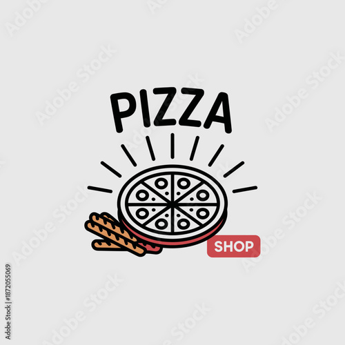 A playful pizza shop logo illustration featuring pizza and breadstick imagery, representing deliciousness and inviting atmosphere for food lovers.