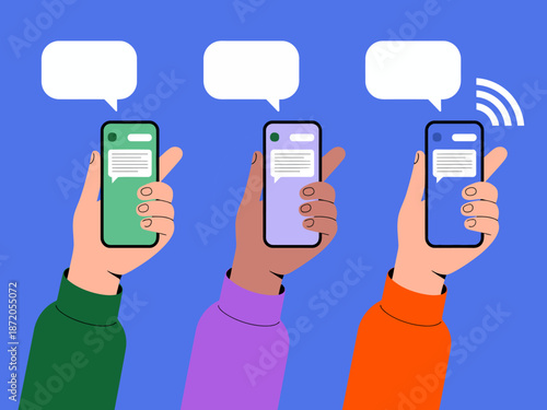 A modern depiction of diverse hands holding smartphones, representing communication and connection through messaging applications in digital society.
