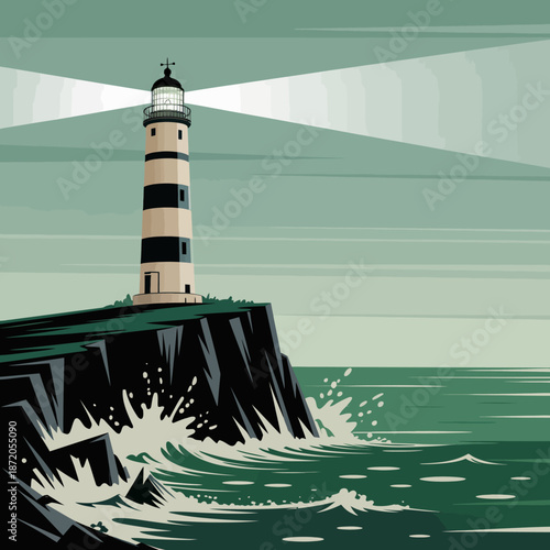 A beautiful lighthouse stands tall on a rocky cliff, illuminating the sea with its bright beam while waves crash against the rocks, showcasing a calm yet powerful scene.