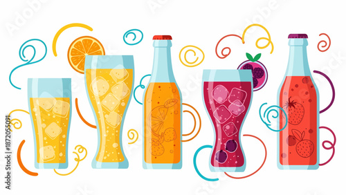 Assorted colorful drinks in glasses and bottles.