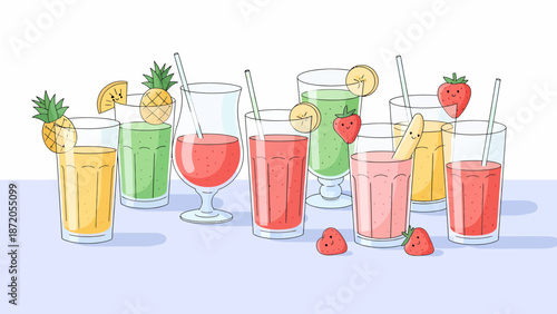 Assorted colorful smoothies and fruit juices.
