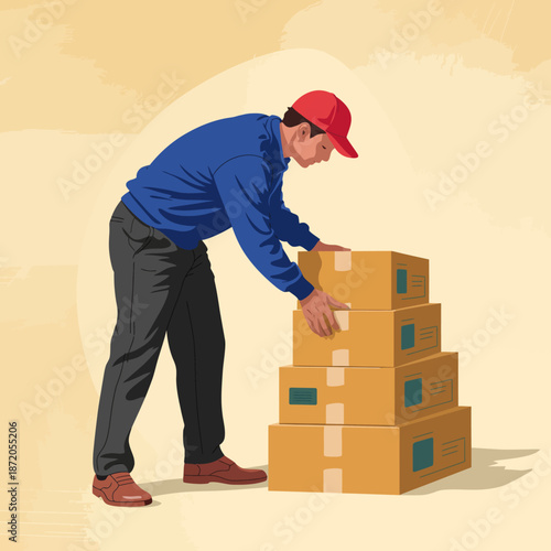 An illustration depicting a hardworking man stacking boxes, symbolizing productivity and diligence in a professional or logistics environment, conveying a strong work ethic.