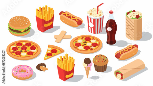 Assorted Fast Food Items on White Background.