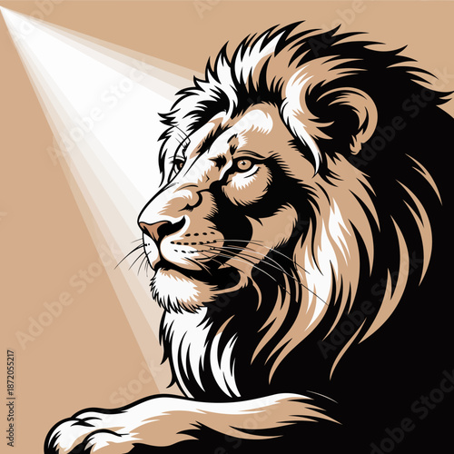 An artistic representation of a lion's powerful visage, illuminated softly by a spotlight, highlighting its features and evoking a sense of majesty and strength.