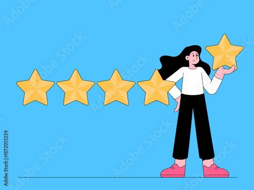 A cheerful illustration emphasizing a girl happily presenting five gold stars, representing excellence and quality in a fun and engaging visual style.