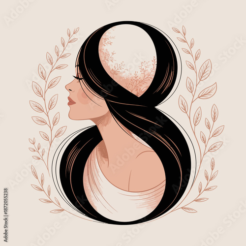 An abstract representation featuring a woman whose profile intertwines with nature, embodying beauty, introspection, and harmony in a modern artistic style.