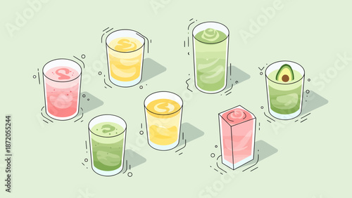Assorted Smoothies in Glasses and Carton.
