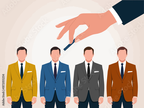 An illustrative scene showcasing a hand selecting a suit from four different colors, symbolizing choice, style, and decision-making in the world of fashion.