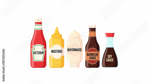 Bottles of Ketchup Mustard Mayonnaise and Sauces.