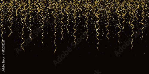Golden confetti and streamers falling against a dark black background
