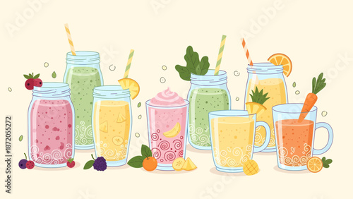 Assorted Smoothies in Jars and Mugs.