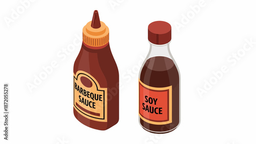 Barbecue Sauce and Soy Sauce Bottles.