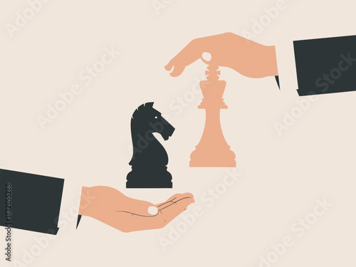 This minimalist illustration showcases a black knight and a white king in a chess game setting, symbolizing strategy, competition, and the mental challenges of chess.