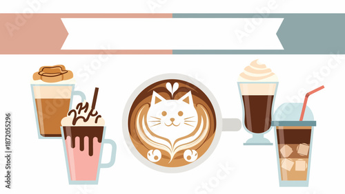 Coffee and Tea Drinks with Cat Design.