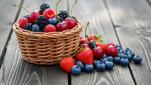 Mixed Berry Basket Rustic Scene, strawberries blueberries raspberries cherries in wicker basket on wooden table, fresh harvest and healthy snack concept