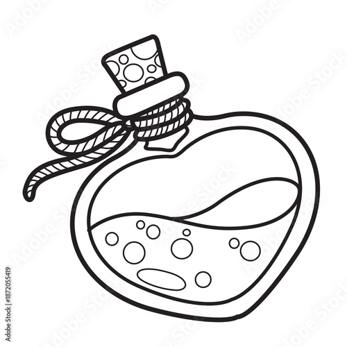 Bottle in the shape of a heart with a love potion and closed with a cork stopper linear drawing isolated on white background