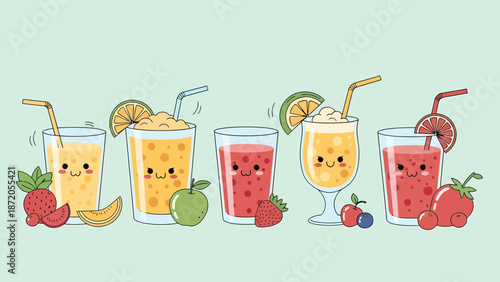 Colorful Cartoon Juice Drinks with Straws.