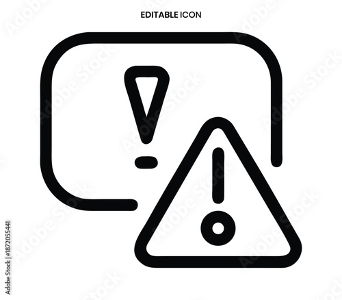 Black outline icon depicting an exclamation mark inside a rounded rectangle and warning triangle
