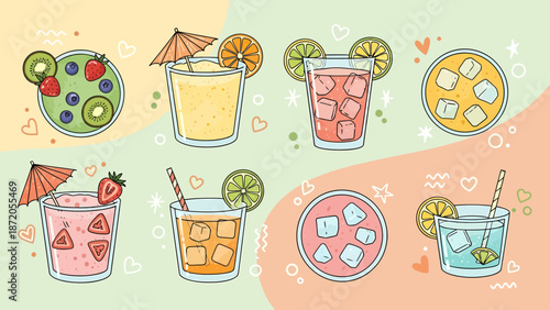 Colorful Cocktails and Ingredients in Illustration.