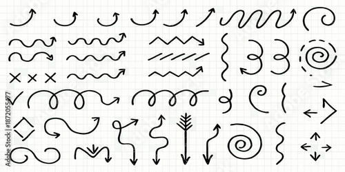 Hand drawn doodle collection of various arrows swirls and abstract lines