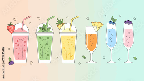 Colorful Smoothies and Cocktails in Glasses.