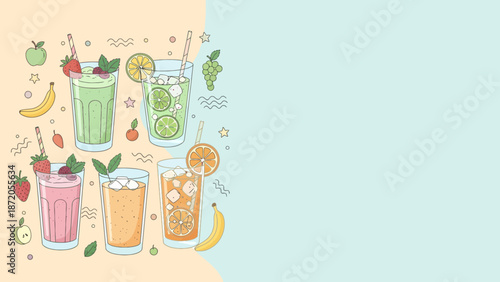 Colorful Smoothies and Fresh Fruit Ingredients.