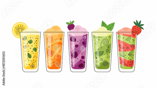 Colorful Smoothies with Fresh Fruits and Herbs.