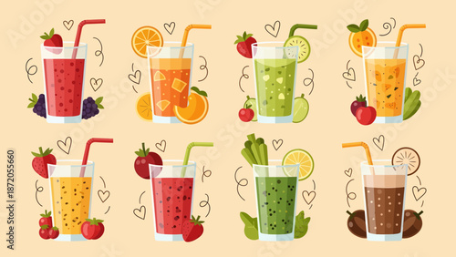 Colorful Smoothies with Fresh Fruits and Herbs 1.