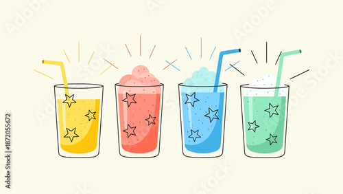 Colorful Smoothies with Straws and Ice Cubes.