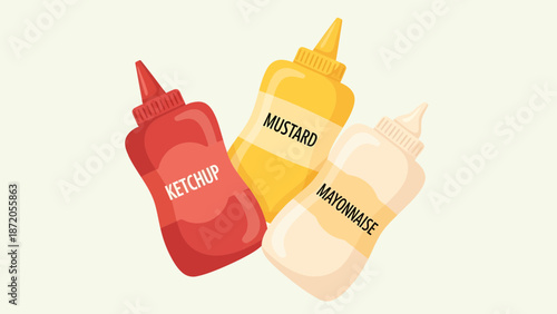 Ketchup Mustard Mayonnaise Bottles Condiments Sauces.