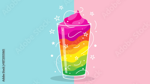 Rainbow Colored Slushy Drink with Straw.