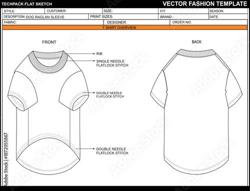 DOG RAGLAN SLEEVE FLAT SKETCH FASHION TEMPLATE TECHNICAAL ILLUSTRATION
