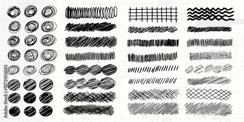 Variety of hand drawn scribble patterns and textures on a white grid background