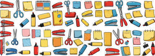 A colorful array of stationery supplies, including scissors, markers, and sticky notes, perfect for organizing tasks.