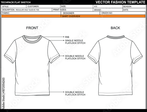 REGULAR HALF SLEEVE TEE FLAT SKETCH FASHION TEMPLATE TECHNICAAL ILLUSTRATION
