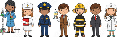 Set of Diverse Cartoon Characters Representing Different Professions Including Scientist, Nurse, Police Officer, Waiter, Firefighter, Businessman, and Doctor in Uniform