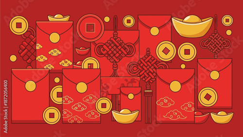 Flat lay of red envelopes with gold accents and coins on a red background, conveying a festive and prosperous mood for kuda chine's day.