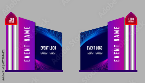 Event gate and entry welcome archway mockup, vector 3D template. Event arch for exhibition or expo, entertainment event entrance or sport marathon start and finish gate in purpule design
