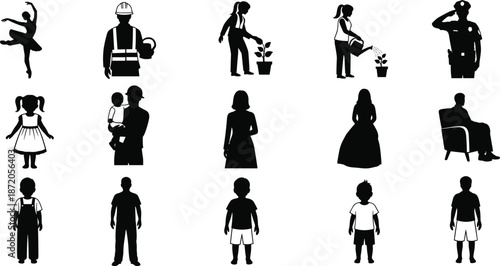 Vector silhouette collection of diverse people including dancer, police, worker, gardener, children, and elderly man sitting in armchair.