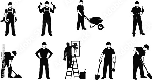 Set of black silhouettes of construction workers and builders holding tools, digging, and painting on white background vector illustration.