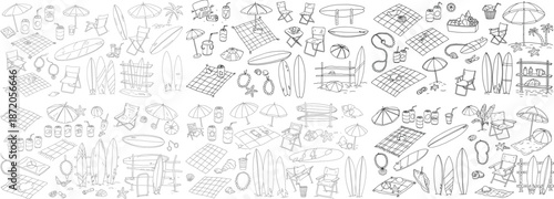 A vibrant collection of summer-themed doodles featuring beach chairs, umbrellas, and surfboards.