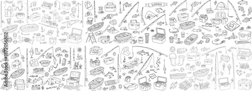 A collection of fishing-themed illustrations featuring gear, fish, and summer activities.