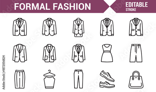 Men’s formal clothing and suit icons for fashion projects