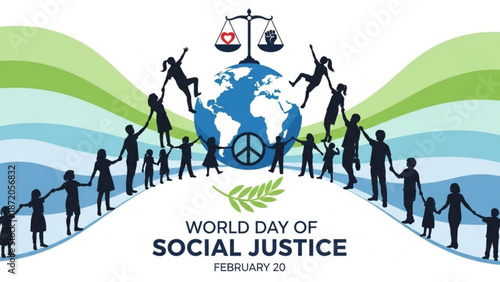World day of social justice illustration with diverse people holding hands around the globe with peace sign and scales of justice with equality
