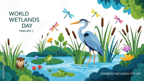 World wetlands day illustration with heron frog dragonflies and lush vegetation in a serene aquatic ecosystem with conservation with environment