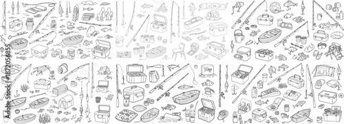 A detailed illustration of fishing gear and aquatic life, perfect for enthusiasts of fishing activities.